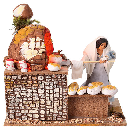 Baker in motion with illuminated oven for 15 cm Nativity Scene, 18x12x20 cm 1