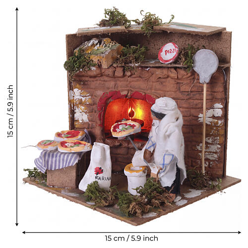 Pizzaiolo in movimento con forno illuminato 15x15 cm per presepe da 10 cm 1