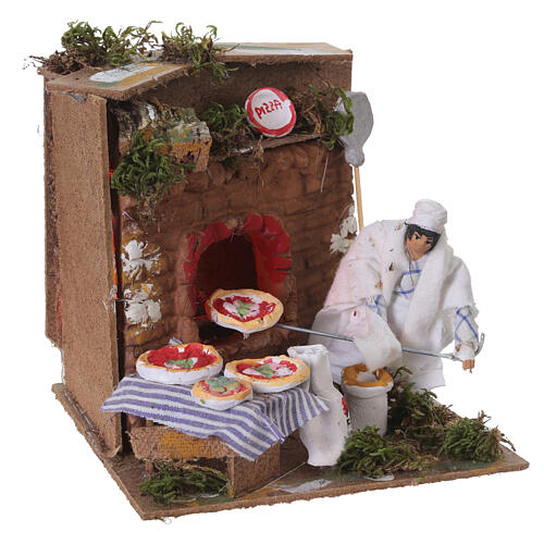 Pizzaiolo in movimento con forno illuminato 15x15 cm per presepe da 10 cm 2