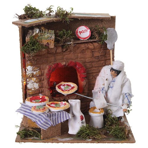 Pizzaiolo in movimento con forno illuminato 15x15 cm per presepe da 10 cm 3