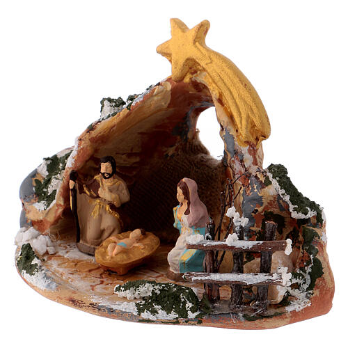 Miniature Holy Family in painted Deruta terrcotta, 4 cm figurines, 8x12x7 cm 2