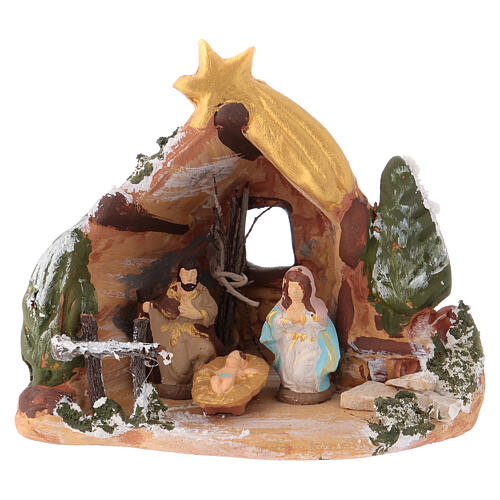 Painted Deruta terracotta nativity stable 10x10x5 cm with 4 cm Holy Family 1