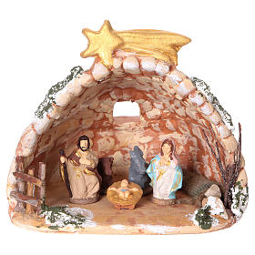 Grotta in painted Deruta terracotta with 4 cm nativity, 10x10x10 cm