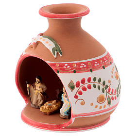 Country shed in Deruta ceramic with red decorations and Nativity scene 3 cm 10x10x10 cm
