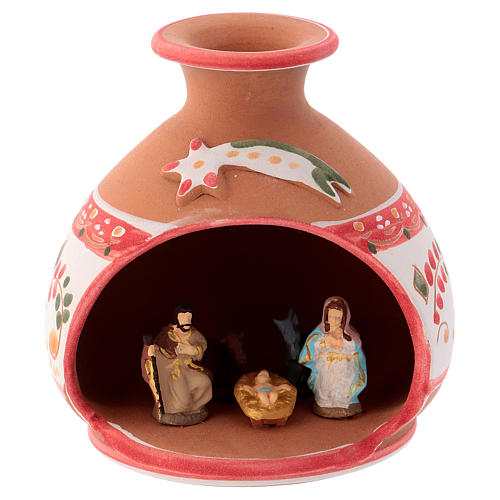 Nativity stable country in Deruta ceramic with red decorations 3 cm nativity 10x10x10 cm 1