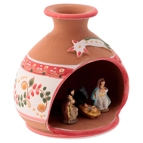 Nativity stable country in Deruta ceramic with red decorations 3 cm nativity 10x10x10 cm 3