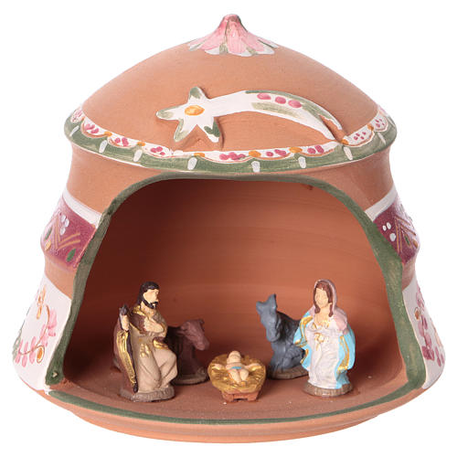 Shed with Nativity scene of 4 cm in Deruta terracotta with pink decorations 10x15x15 cm 1