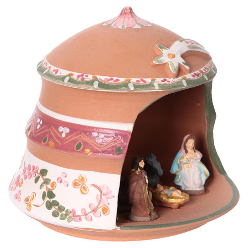 Shed with Nativity scene of 4 cm in Deruta terracotta with pink decorations 10x15x15 cm 2