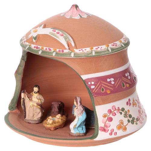 Shed with Nativity scene of 4 cm in Deruta terracotta with pink decorations 10x15x15 cm 3