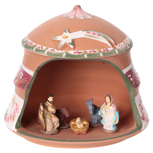 Stajenka ze Świętą Rodziną 4 cm, z terakoty Deruta, z różowymi ozdobami, 10x15x15 cm 1