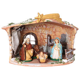 Stable in painted terracotta with 8 cm nativity, 20x20x15 cm