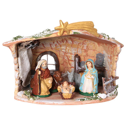 Stable in painted terracotta with 8 cm nativity, 20x20x15 cm 1