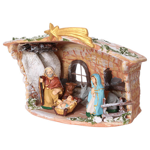 Stable in painted terracotta with 8 cm nativity, 20x20x15 cm 3