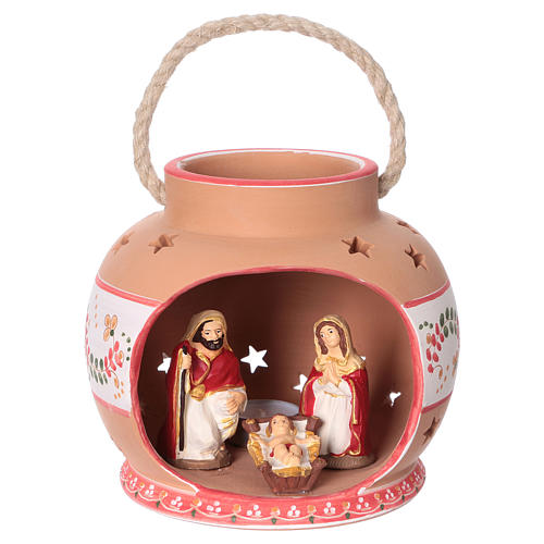 Spherical lantern with star-shaped holes, red decorations and Nativity scene of 9 cm 15x20x20 cm 1