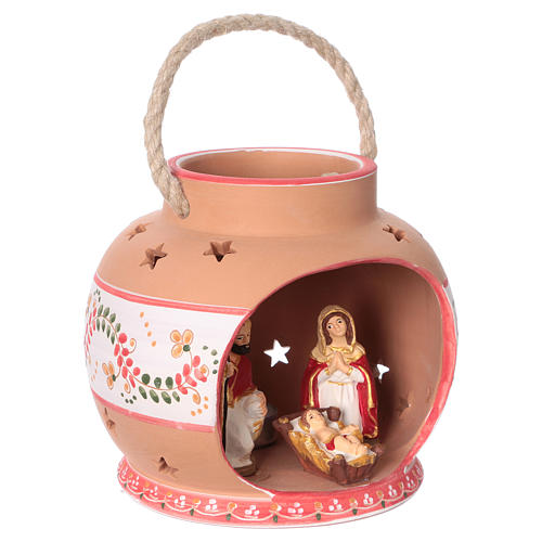 Spherical lantern with star-shaped holes, red decorations and Nativity scene of 9 cm 15x20x20 cm 4
