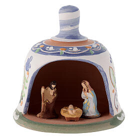 Terracotta Nativity Scene figurines from Deruta: Shed in the shape of a bell with Nativity 3 cm with blue decorations 10x10x10 cm in Deruta terracotta