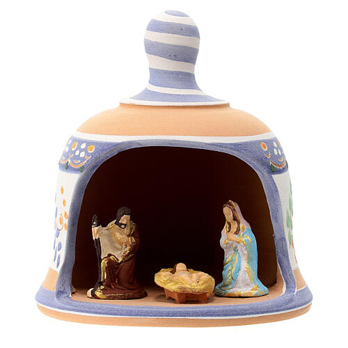 Shed in the shape of a bell with Nativity 3 cm with blue decorations 10x10x10 cm in Deruta terracotta 1