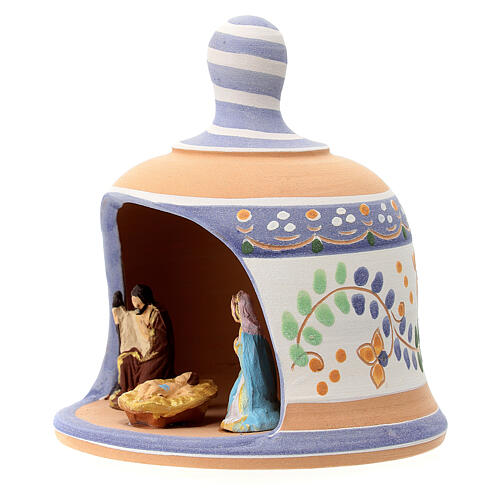 Shed in the shape of a bell with Nativity 3 cm with blue decorations 10x10x10 cm in Deruta terracotta 2