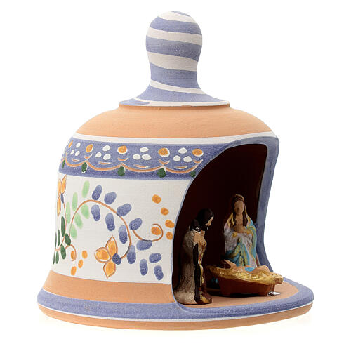 Shed in the shape of a bell with Nativity 3 cm with blue decorations 10x10x10 cm in Deruta terracotta 3