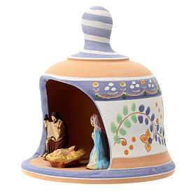 Stable in bell shape with 3 cm nativity, blue decorations 10x10x10 cm Deruta terracotta