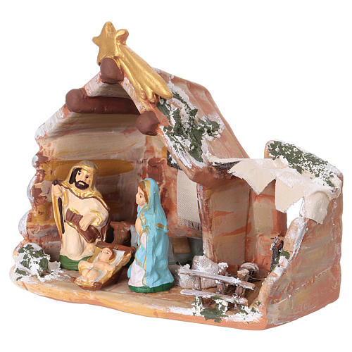 Stable 15x15x10 cm, with 6 cm nativity in painted Deruta terracotta 2