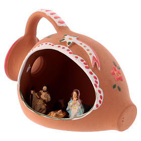 Nativity Scene of 3 cm obtained inside an amphora in terracotta 10x15x10 cm with red decoration