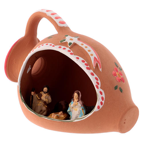 Nativity Scene of 3 cm obtained inside an amphora in terracotta 10x15x10 cm with red decoration 2
