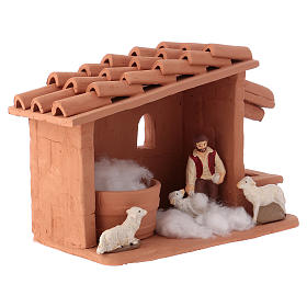 Shearer with sheep and handmade wool in painted Deruta terracotta for Nativity scene 10 cm