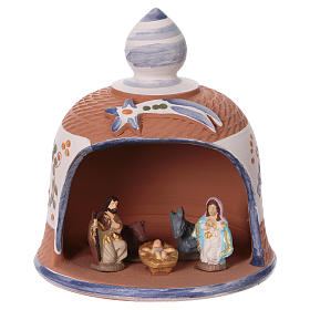 Coloured terracotta hut with 6 cm Nativity scene and comet made in Deruta 