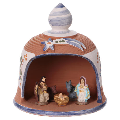 Coloured terracotta hut with 6 cm Nativity scene and comet made in Deruta  1
