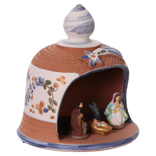 Coloured terracotta hut with 6 cm Nativity scene and comet made in Deruta  2
