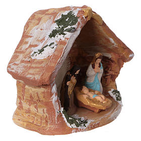 Coloured terracotta hut with 4 cm Nativity scene and comet made in Deruta