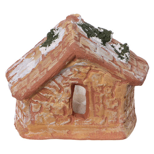 Coloured terracotta hut with 4 cm Nativity scene and comet made in Deruta 4
