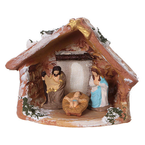 Stable with Holy Family set in colored terracotta, 4 cm Deruta 1