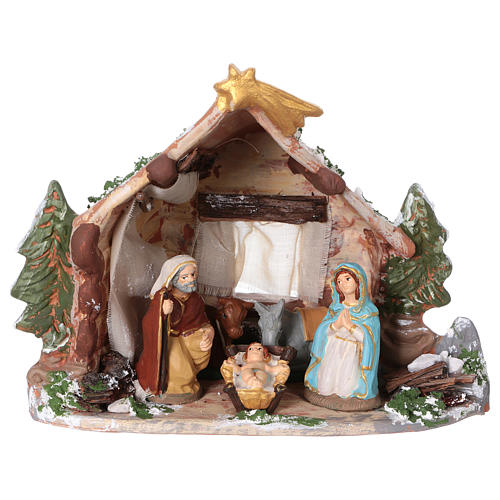 Stable in colored terracotta with 8 cm nativity set and comet Deruta 1