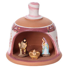 Pink terracotta hut with Nativity scene 3 cm made in Deruta