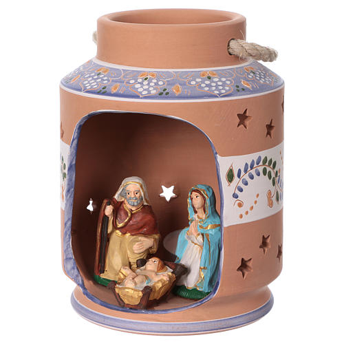Blue cylindrical lantern with Nativity scene 8 cm made in Deruta 4