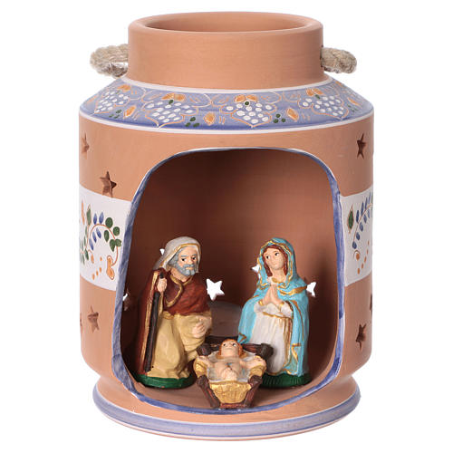 Round blue lantern with 8 cm Holy Family, Deruta Nativity 1