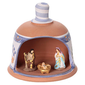 Hütte blaue Terrakotta mit Heiligen Familie 3cm Deruta