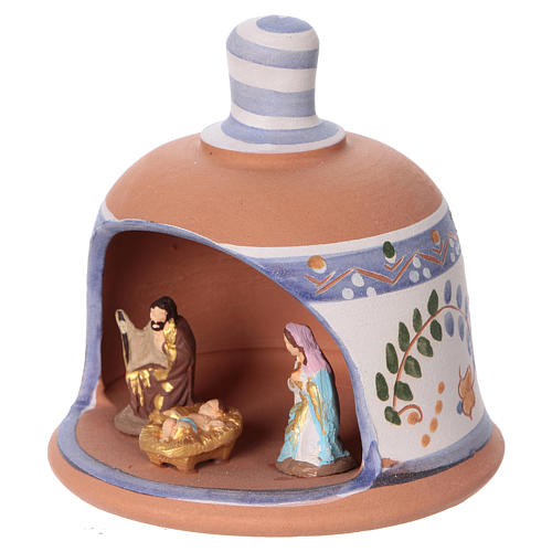 Blue terracotta hut with Nativity scene 3 cm made in Deruta 2