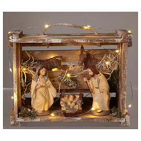 Kleine Holzkiste mit Heiligen Familie und Licht Terrakotta Deruta 12cm