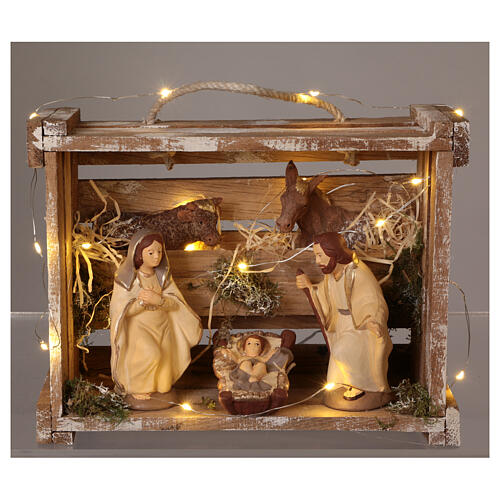 Skrzynka ze Sceną Narodzin, elegancka, drewno, oświetlenie, szopka 12 cm, Deruta 2