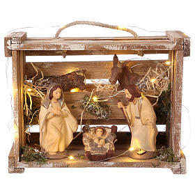 Portable elegant wood box with Holy Family lights, 12 cm nativity Deruta