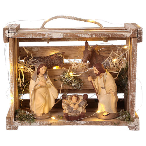 Portable elegant wood box with Holy Family lights, 12 cm nativity Deruta 1