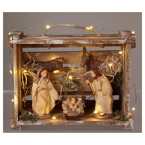 Portable elegant wood box with Holy Family lights, 12 cm nativity Deruta 2