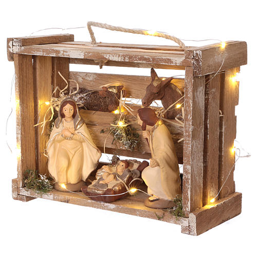 Portable elegant wood box with Holy Family lights, 12 cm nativity Deruta 3