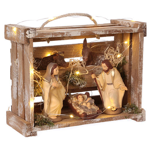 Portable elegant wood box with Holy Family lights, 12 cm nativity Deruta 4