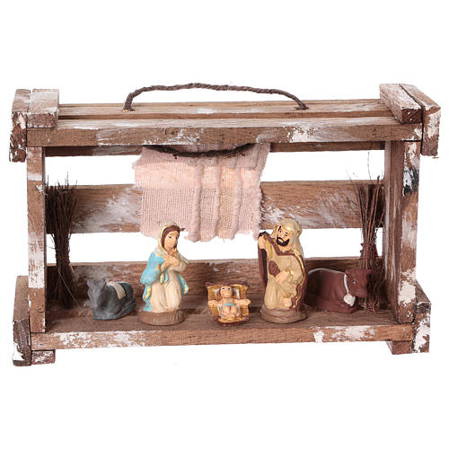 Casinha portátil em madeira com Natividade para presépio Deruta com figuras de 6 cm de altura média 1