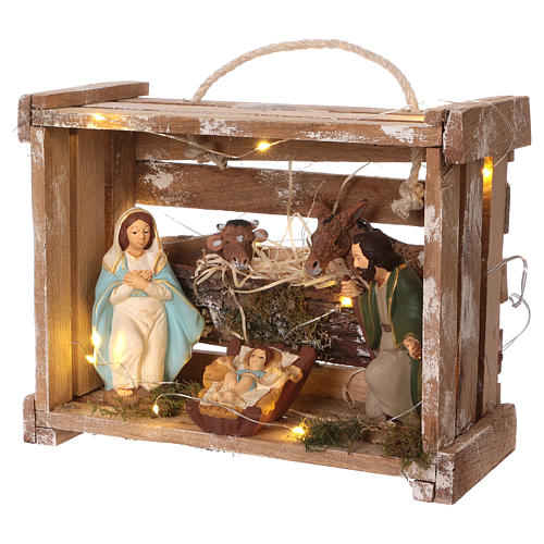 Cajita con luces portátil de madera con Natividad belén 12 cm 3
