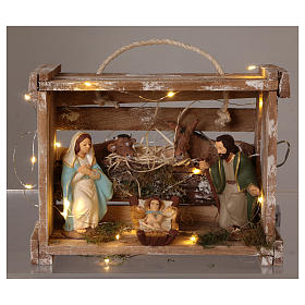 Casinha com luzes portátil em madeira com Natividade para presépio Deruta com figuras de 12 cm de altura média